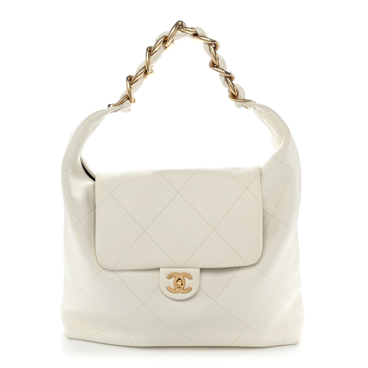 Calfskin Quilted Small Maxi Chain Hobo White