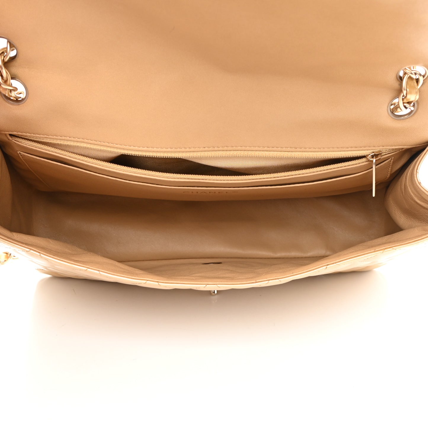 Metallic Patent Quilted Maxi Single Flap Beige