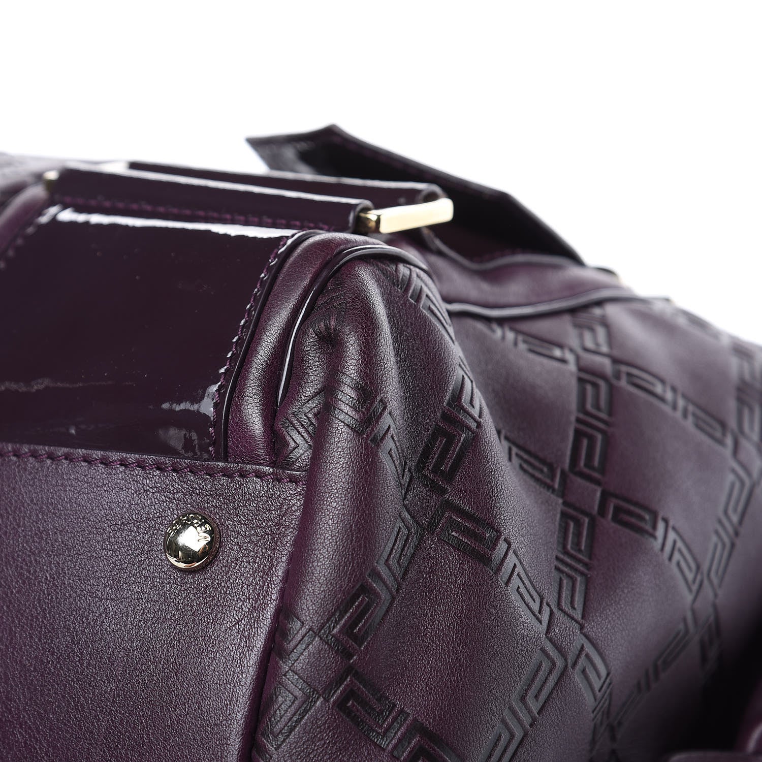 Versace Calfskin Greca Argyle Embossed Patent Medusa Bowler Satchel Purple 8 of 12