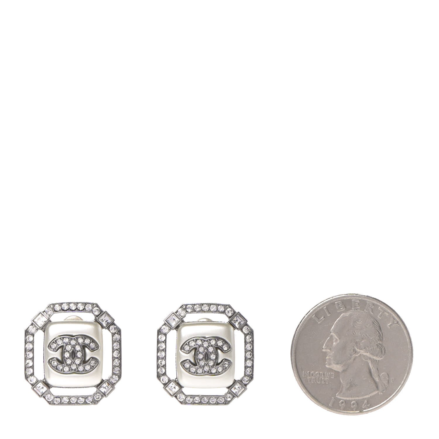 Chanel Pearl Crystal CC Earrings Silver 2 of 4