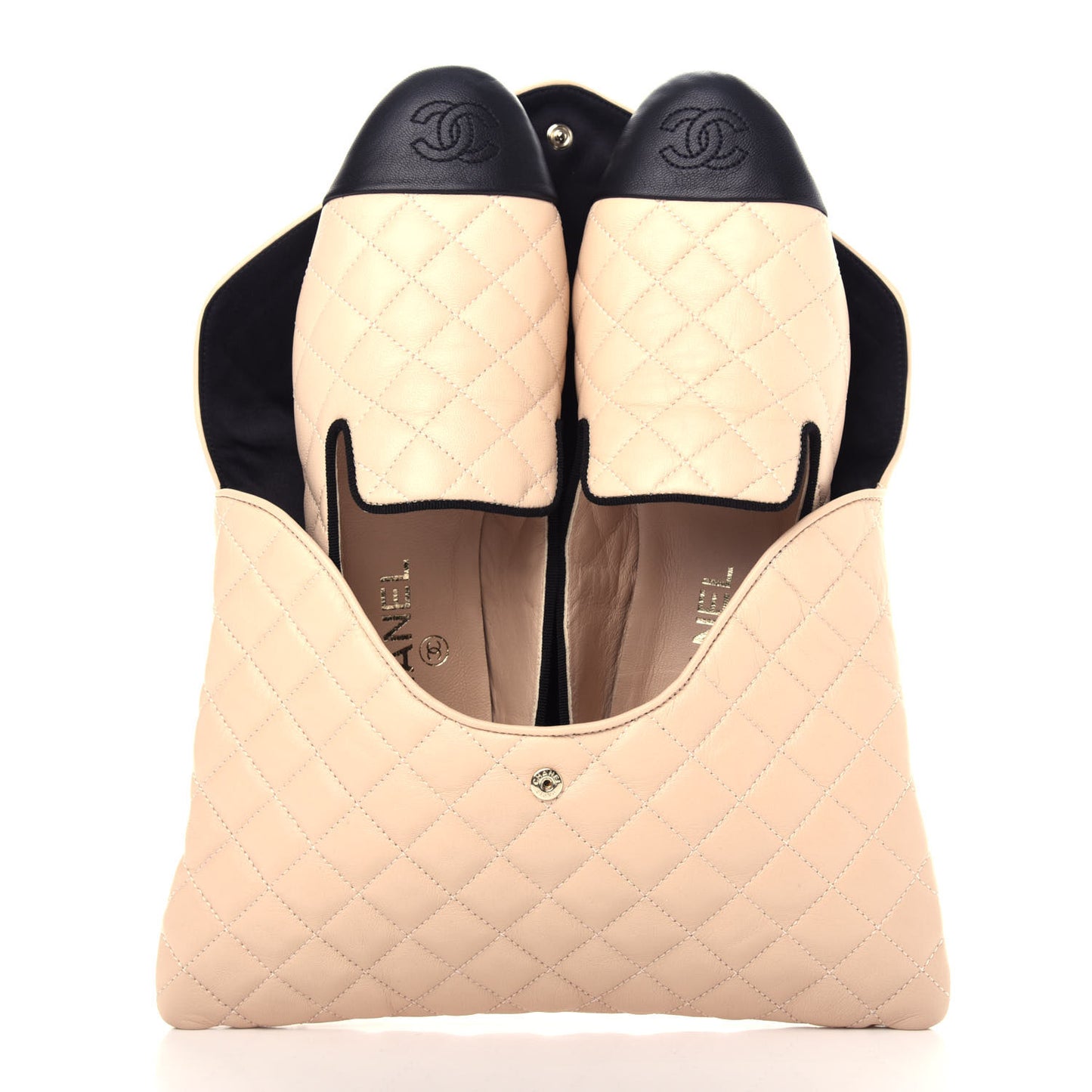 Lambskin Quilted Cap Toe Slipper With Pouch 37 Beige Black