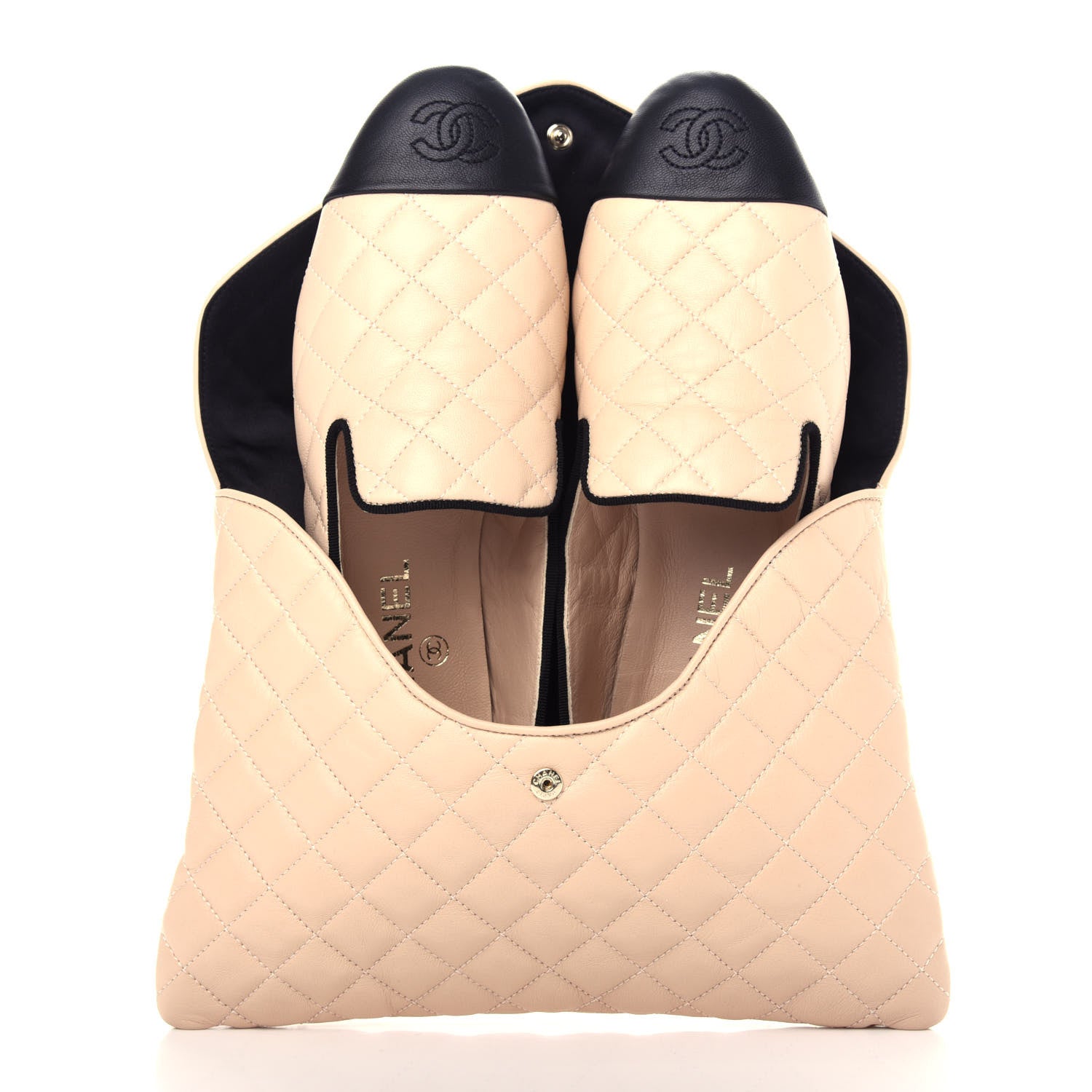 Chanel Lambskin Quilted Cap Toe Slipper With Pouch 37 Beige Black 11 of 12