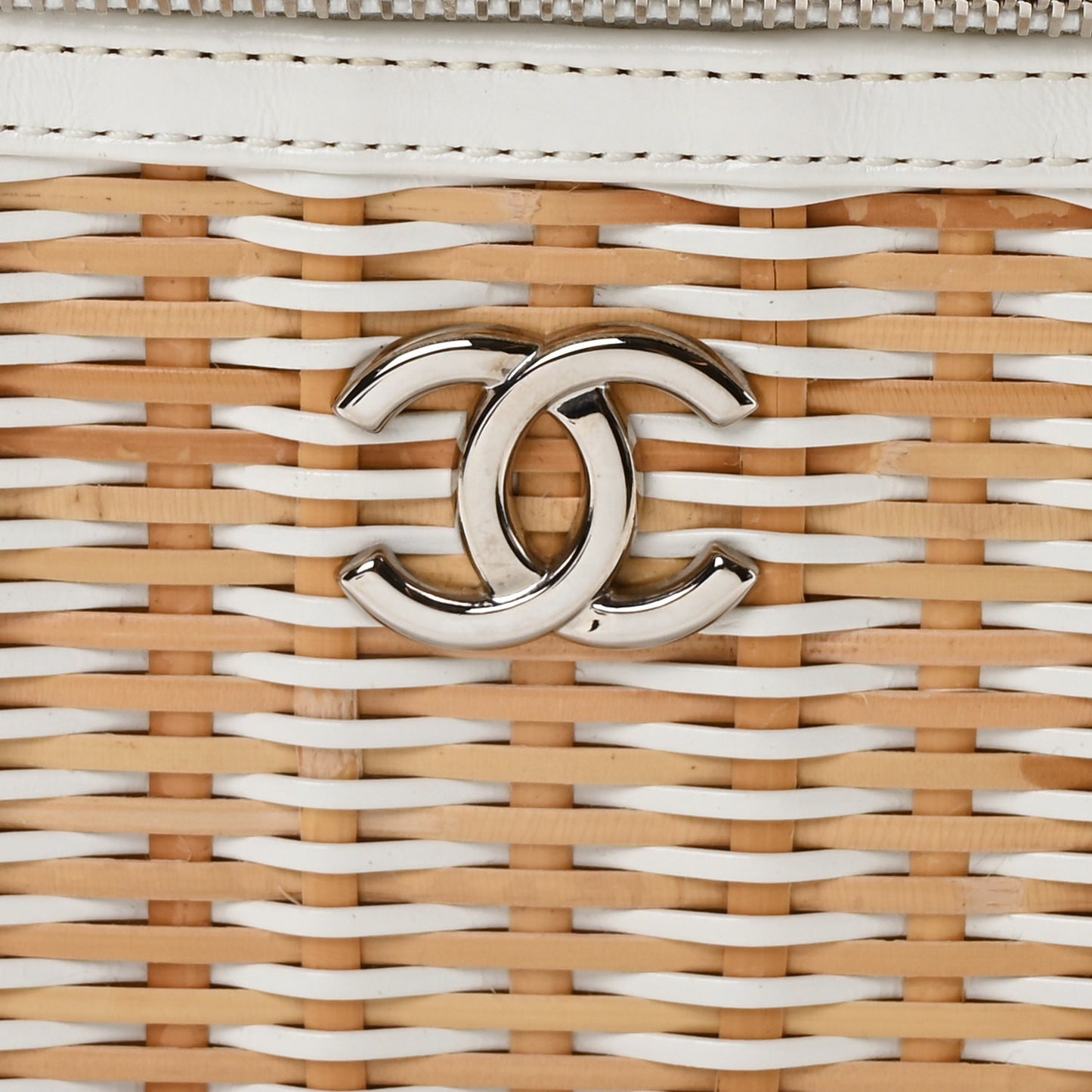 Calfskin Raffia Small Vanity Case Bag White Beige