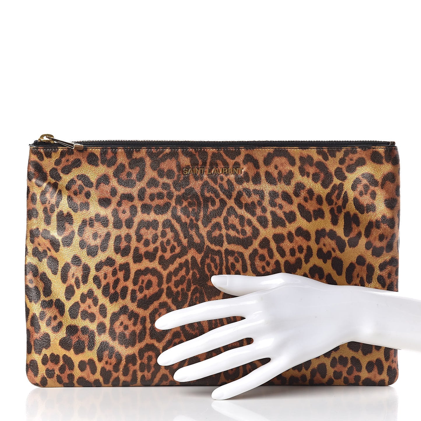 Metallic Calfskin Leopard Printed Letters Monogram Zip Clutch