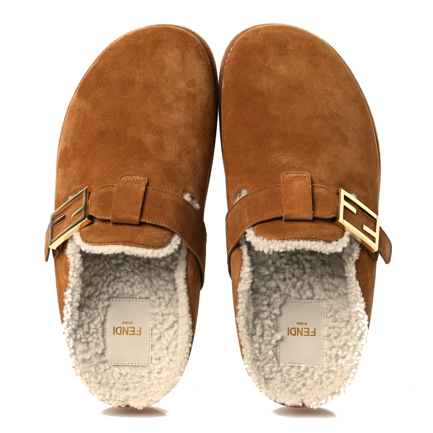Fendi Suede Shearling Fendi Feel Buckled Clogs 41 Caramel Latte 2 of 9