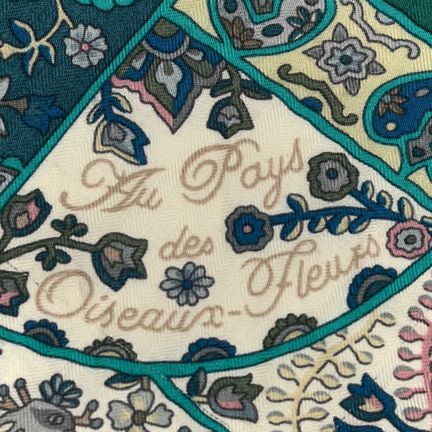 Cashmere Silk Au Pays Des Oiseaux Fleurs Shawl 140 Vert White Turquoise