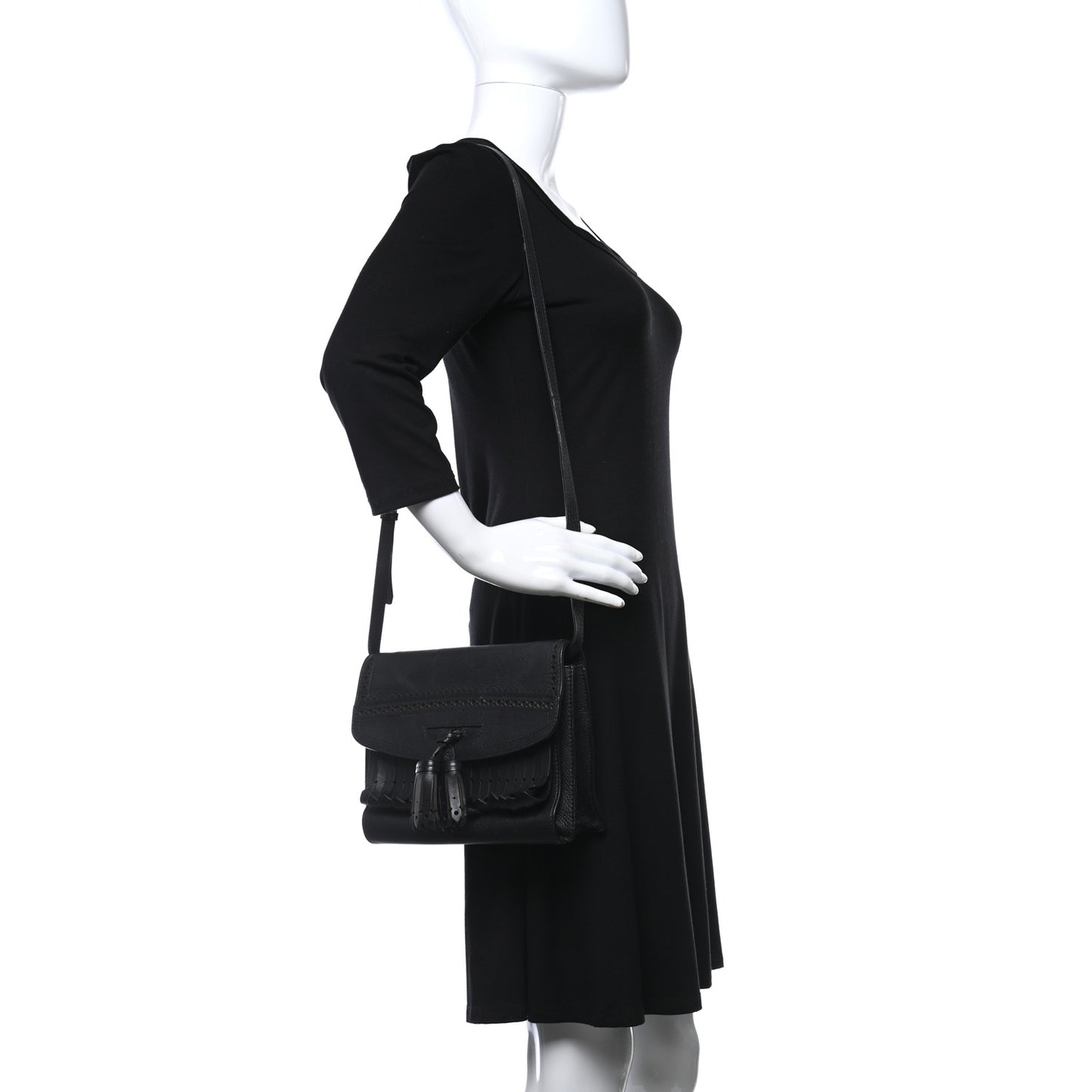 Grainy Calfskin Broguing Tassel Macken Crossbody Bag Black