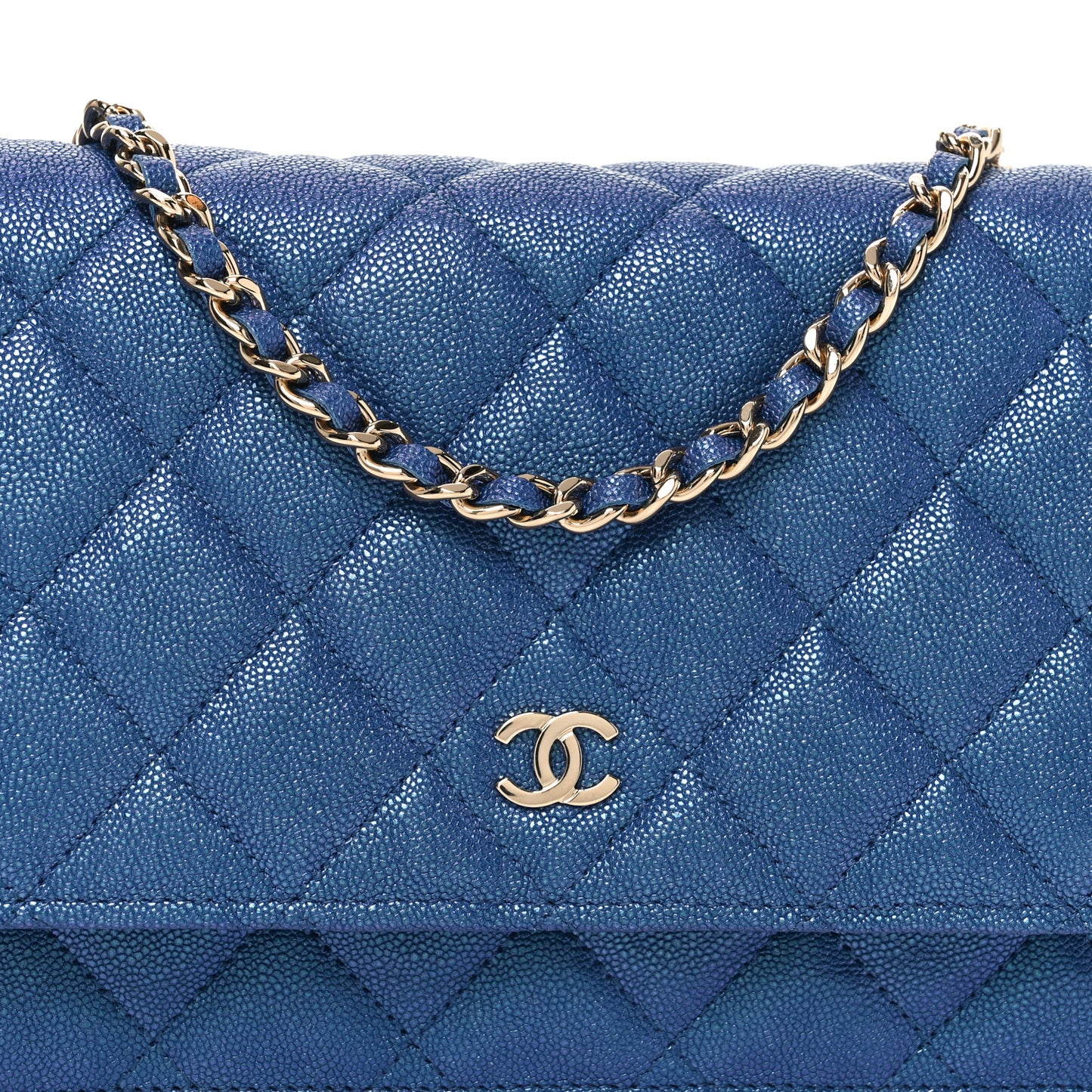 Iridescent Caviar Quilted Wallet on Chain WOC Blue