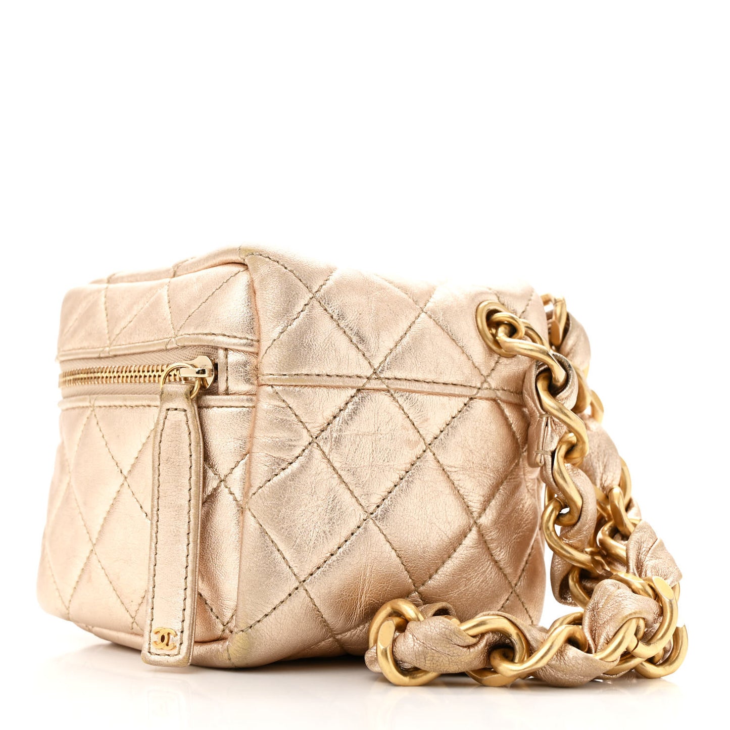 Metallic Lambskin Quilted Cube Chain Wristlet Case Gold