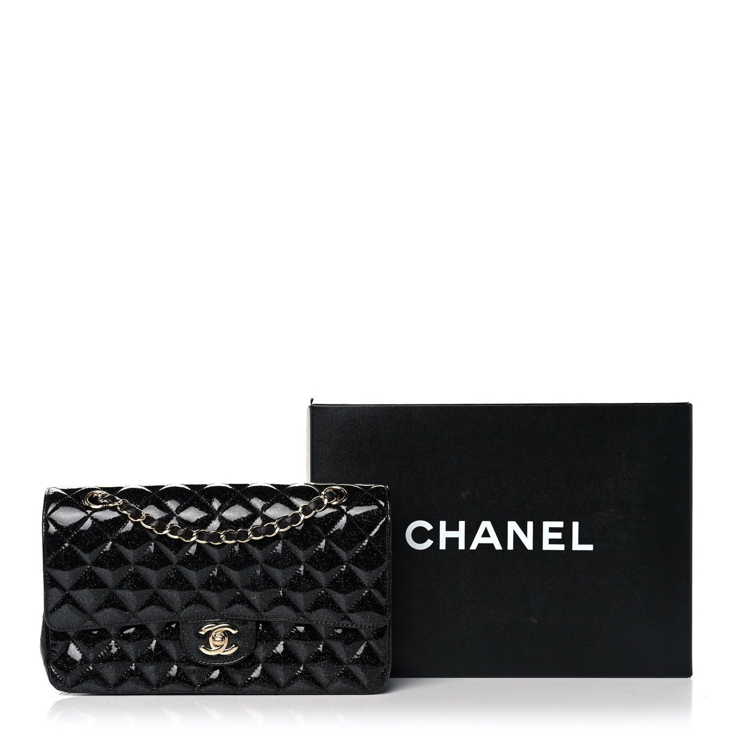 Patent Quilted Sparkle Glitter Medium Double Flap Black
