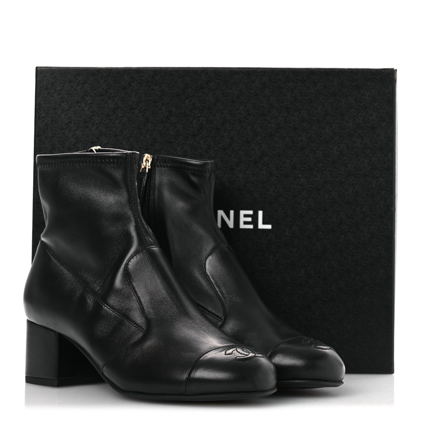 Stretch Lambskin Cap Toe CC Short Boots 36.5 Black