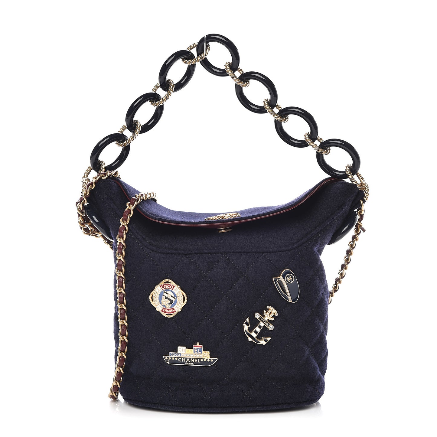 Wool Lambskin Quilted Paris Hamburg Charms Bucket Bag Dark Navy