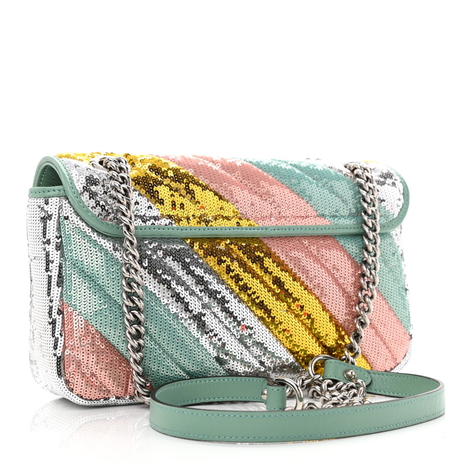 Gucci Sequin Satin Calfskin Matelasse Diagonal Small GG Marmont Shoulder Bag Grigio Argento Verde Chiaro Rosa Giallo Light Water Green 3 of 11