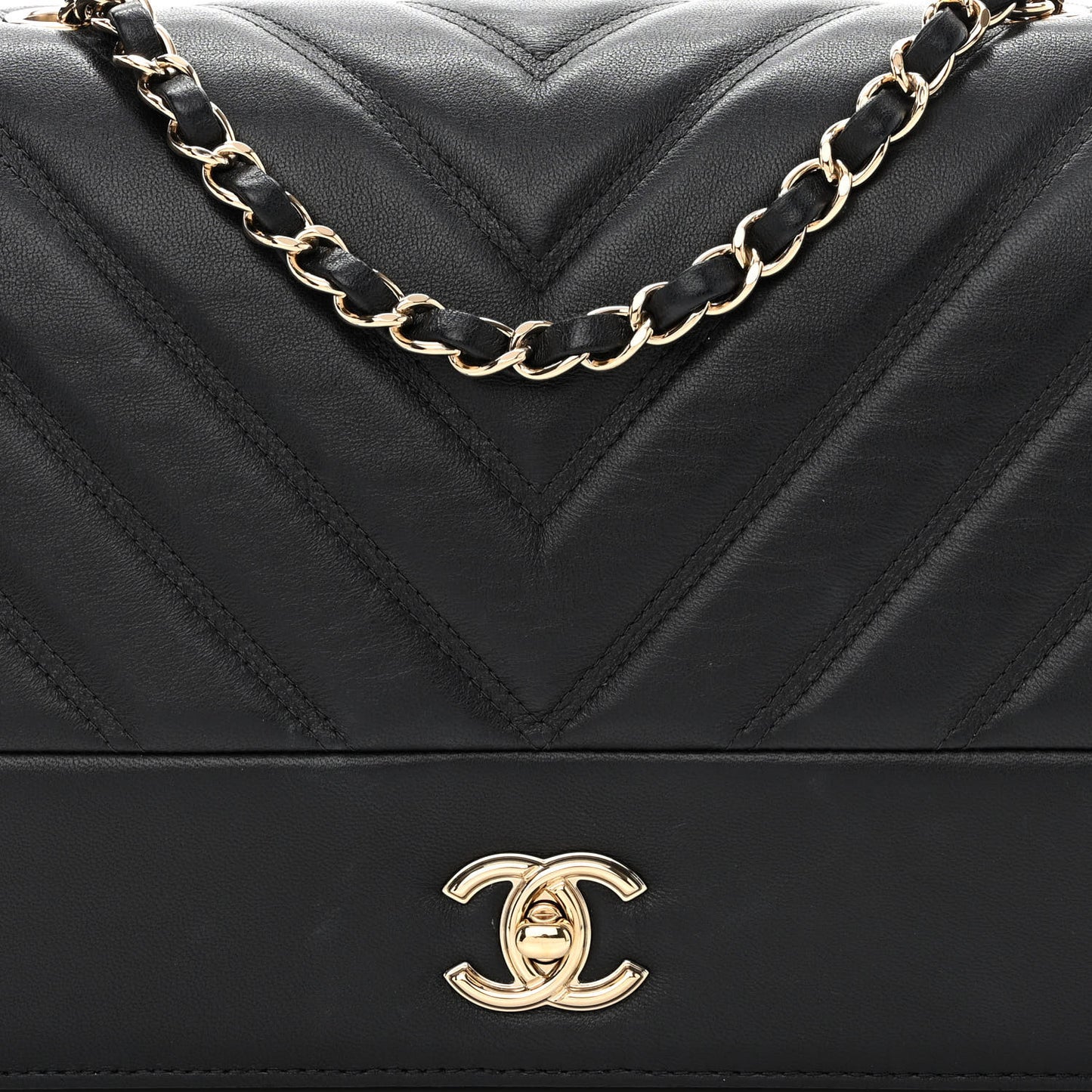 Calfskin Chevron Quilted Large Flap Black