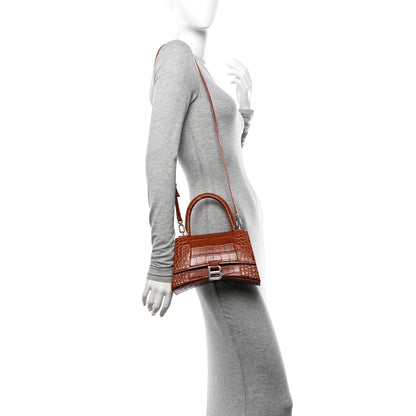 Balenciaga Shiny Calfskin Crocodile Embossed Small Hourglass Top Handle Bag Camel 2 of 11