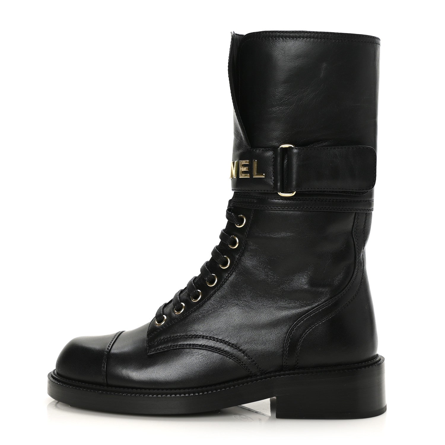 Chanel Shiny Calfskin Lace Up Combat Boots 36 Black 1 of 6