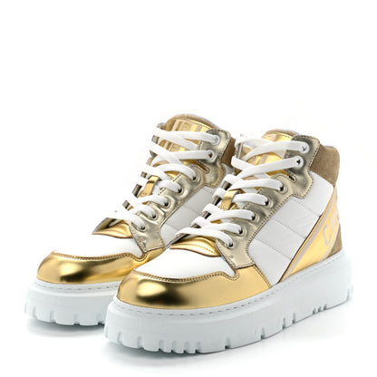 Christian Dior Nylon Laminated Calfskin Womens D-Player High Top Sneakers 37.5 White Gold 3 of 8