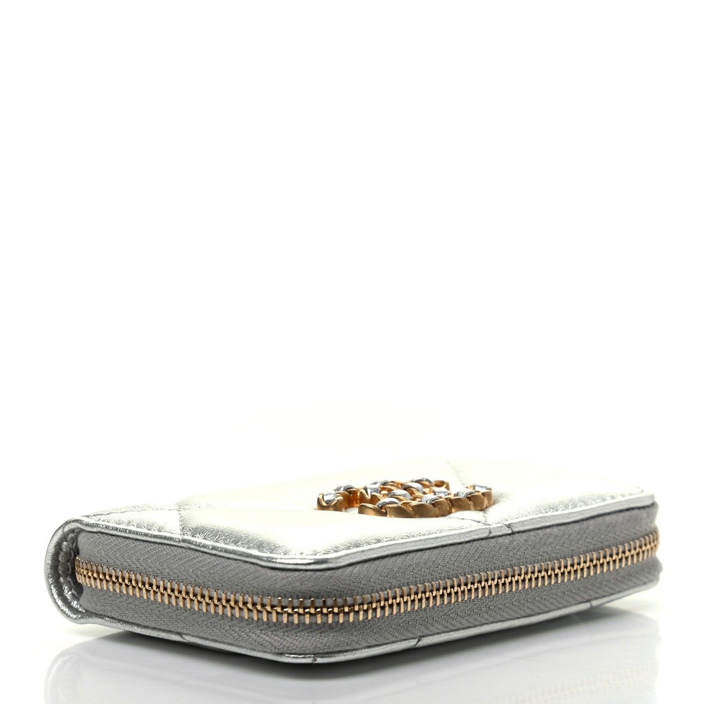 Metallic Goatskin Quilted Chanel 19 Zip Around Coin Purse Wallet Silver