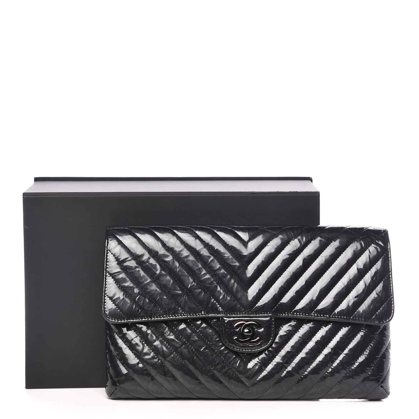Patent Metallic Crumpled Calfskin Chevron Quilted Envelope Clutch Black
