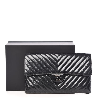 Chanel Patent Metallic Crumpled Calfskin Chevron Quilted Envelope Clutch Black 10 of 10