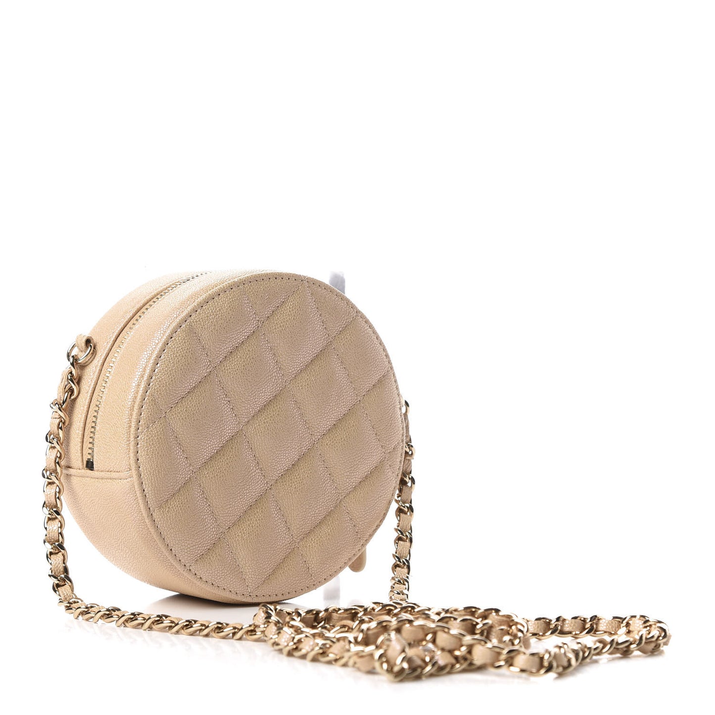 Iridescent Caviar Quilted Round Clutch With Chain Beige