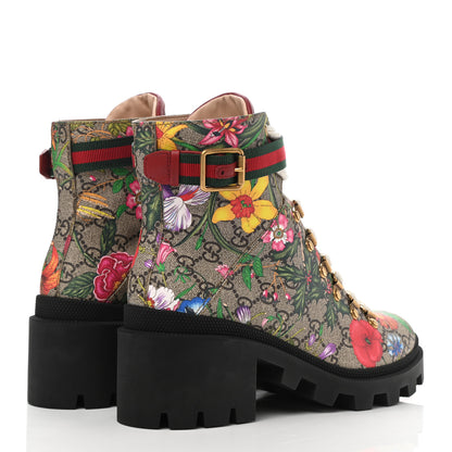Gucci GG Supreme Monogram Flora Lace Up Combat Ankle Boots 38.5 Beige Multicolor Red 4 of 9