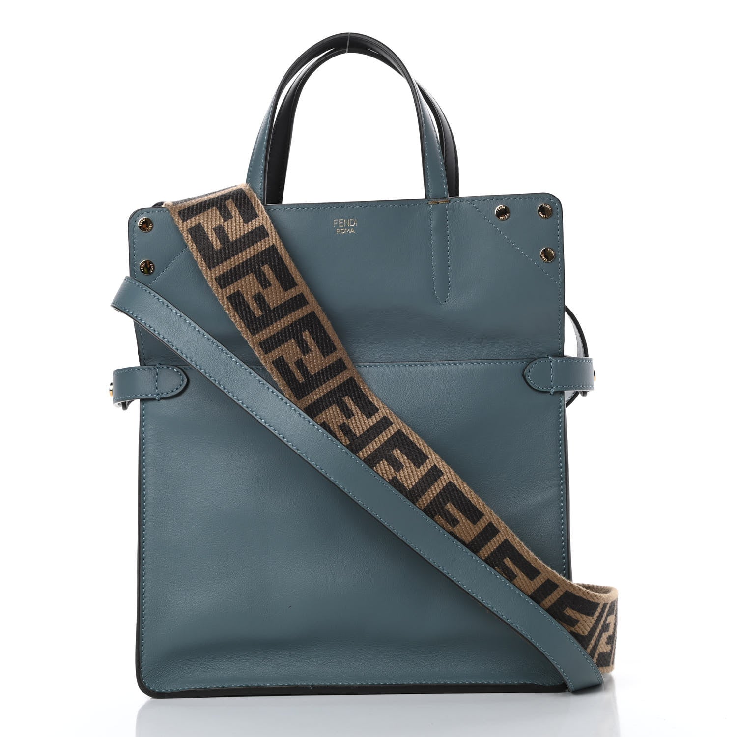 Fendi Vitello Grace Suede Small Flip Tote Azzurro Merlino Marrone Black 4 of 13