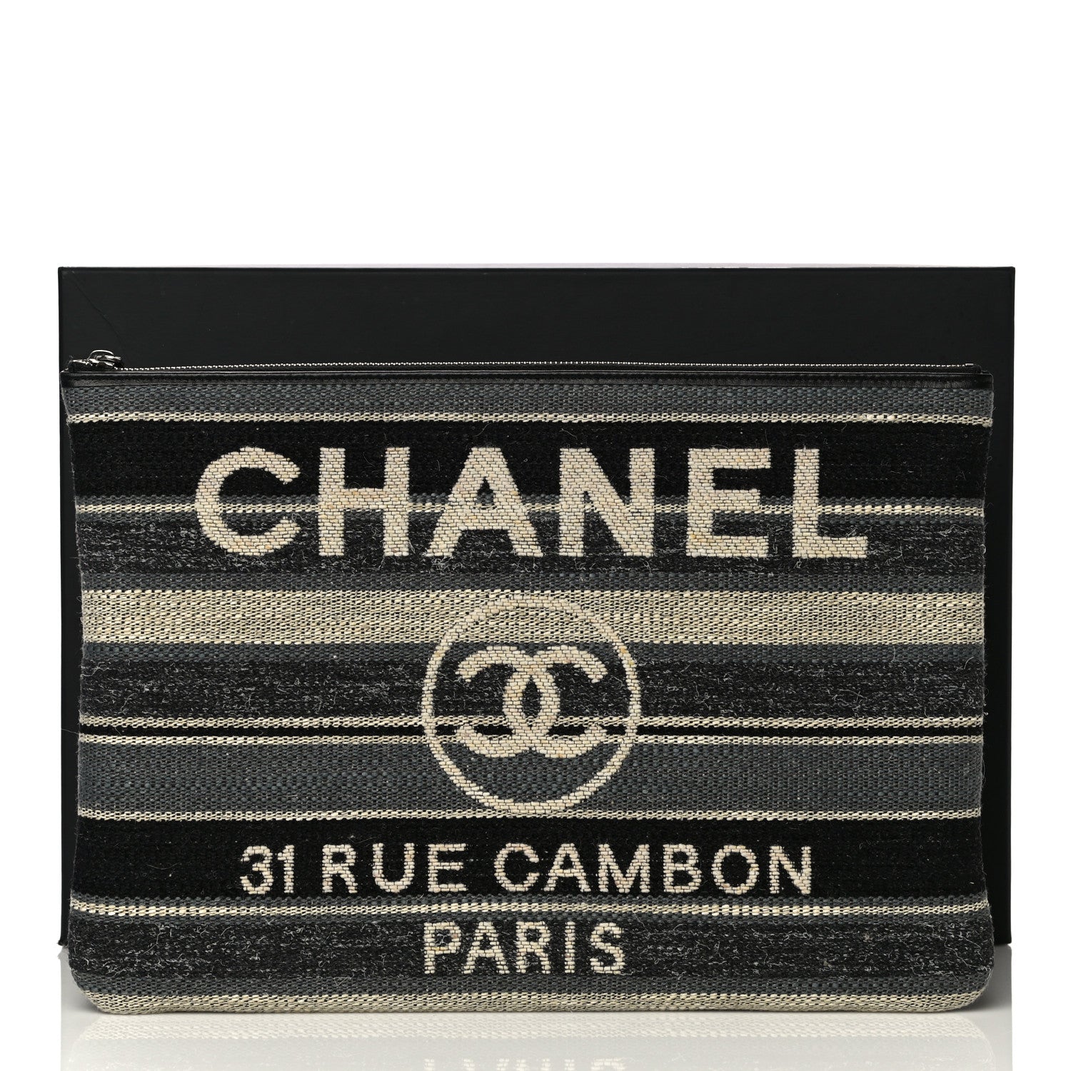 Chanel Striped Canvas Medium Deauville Cosmetic Pouch Grey Black 12 of 12