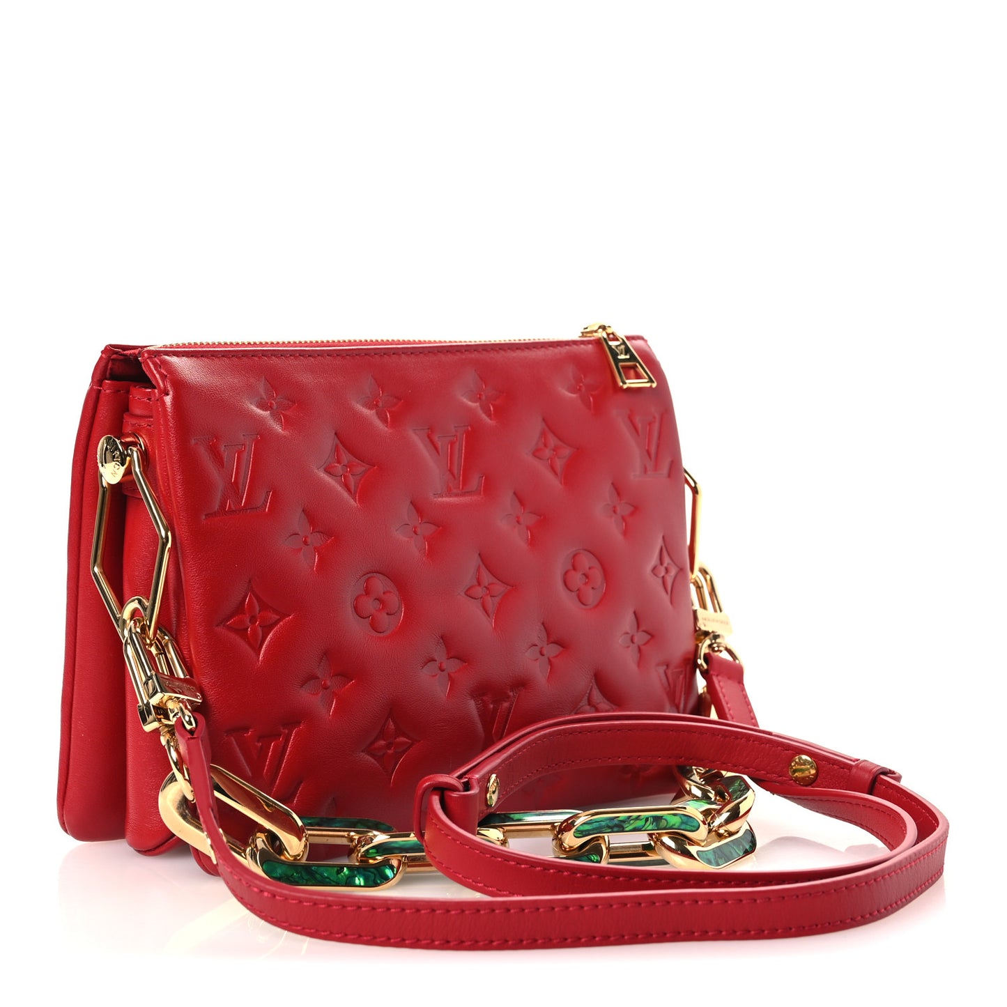 Mother of Pearl Lambskin Embossed Monogram Coussin BB Red Green
