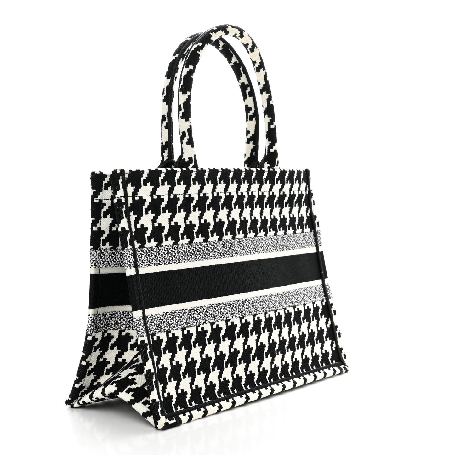 Canvas Macro Houndstooth Embroidered Medium Book Tote Black White