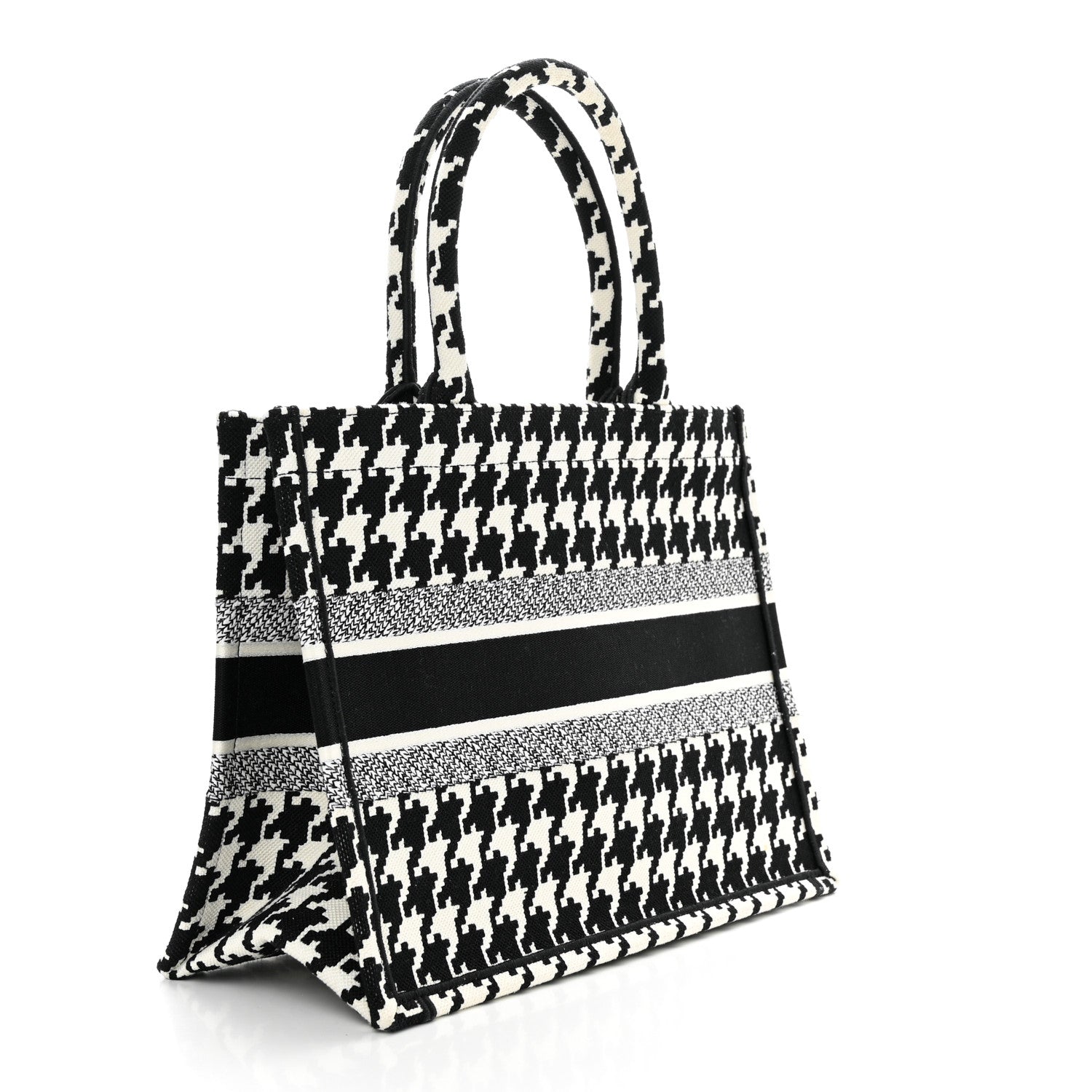 Christian Dior Canvas Macro Houndstooth Embroidered Medium Book Tote Black White 3 of 10