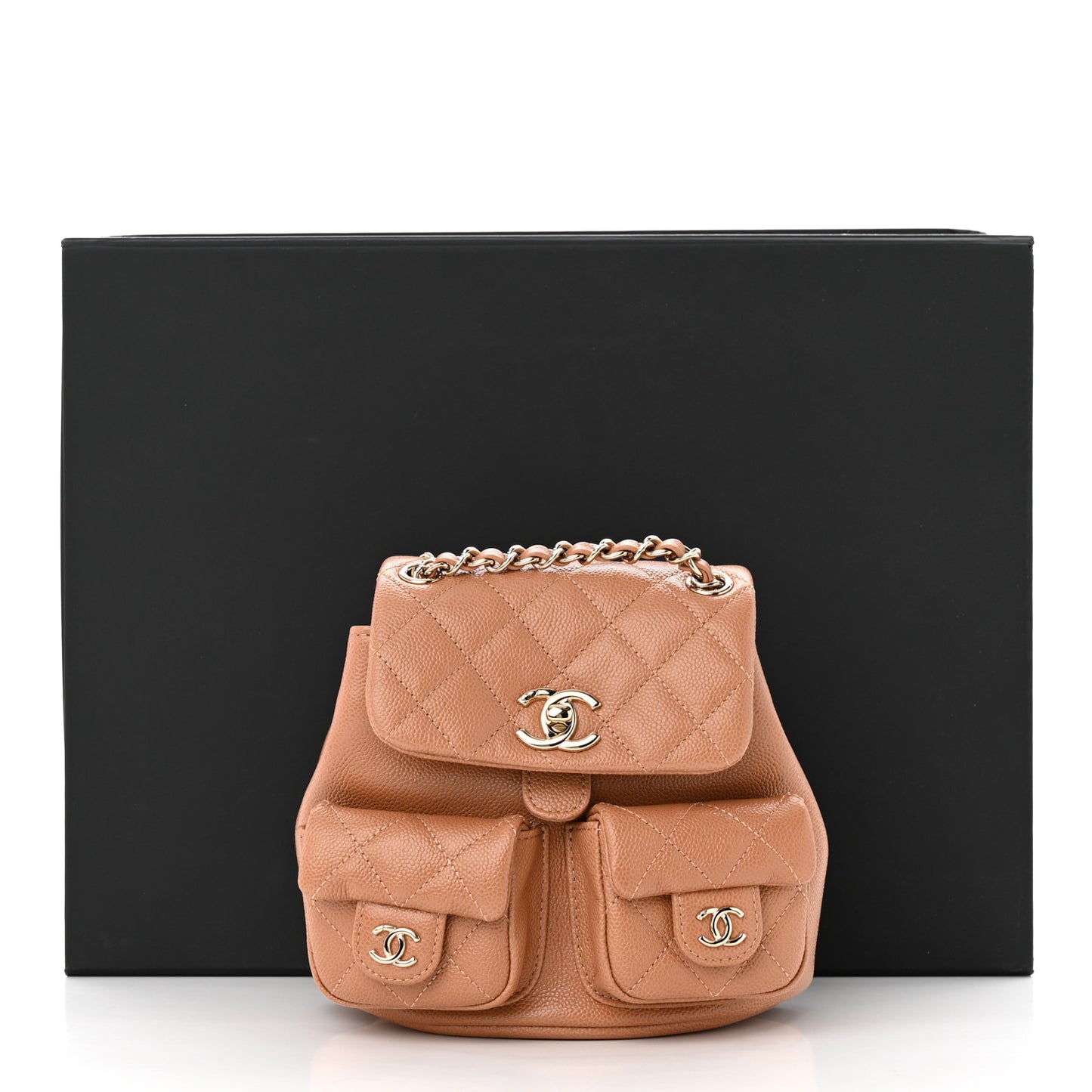Shiny Caviar Quilted Small Duma Pockets Drawstring Backpack Dark Beige