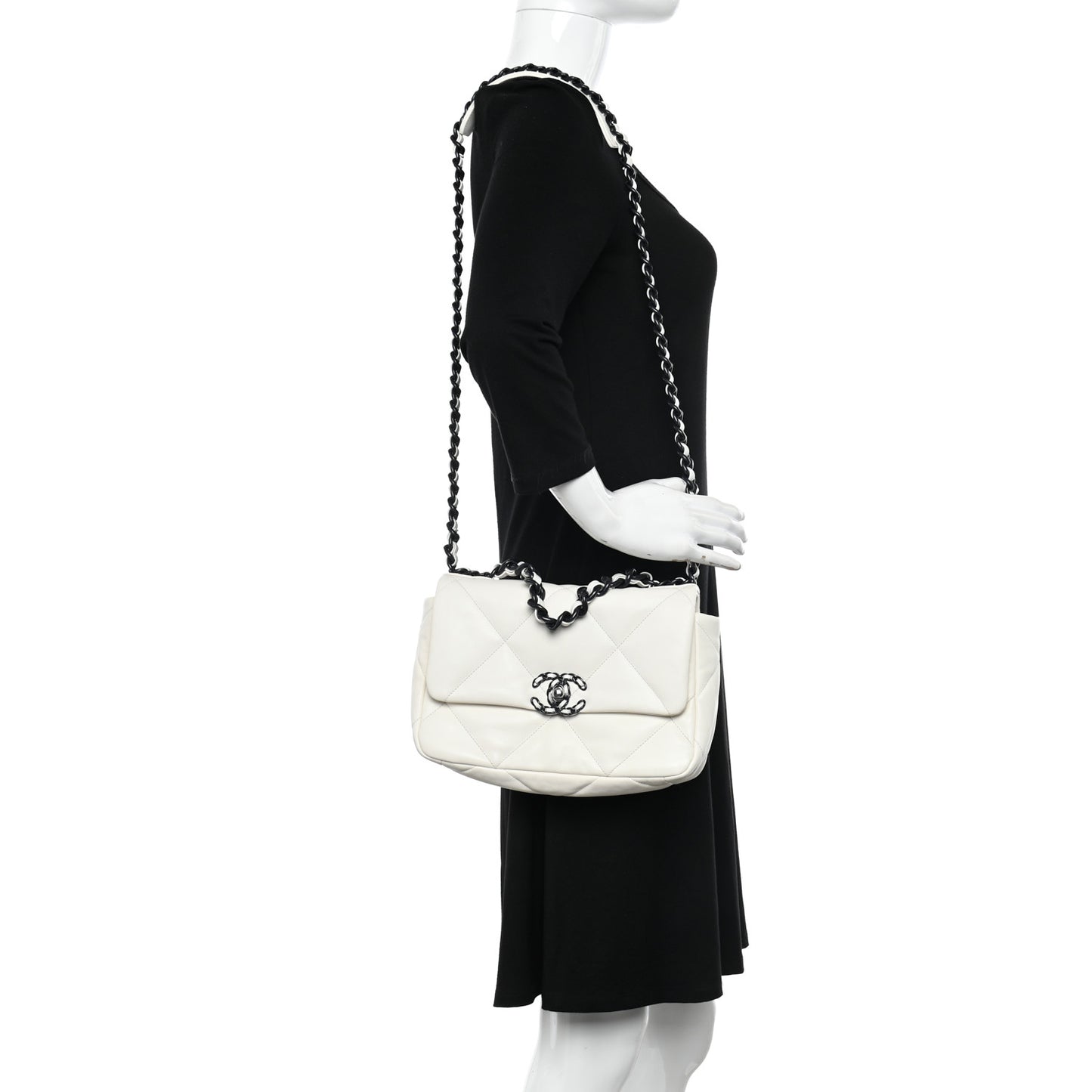 Glossy Calfskin Quilted Medium Chanel 19 Flap White Black