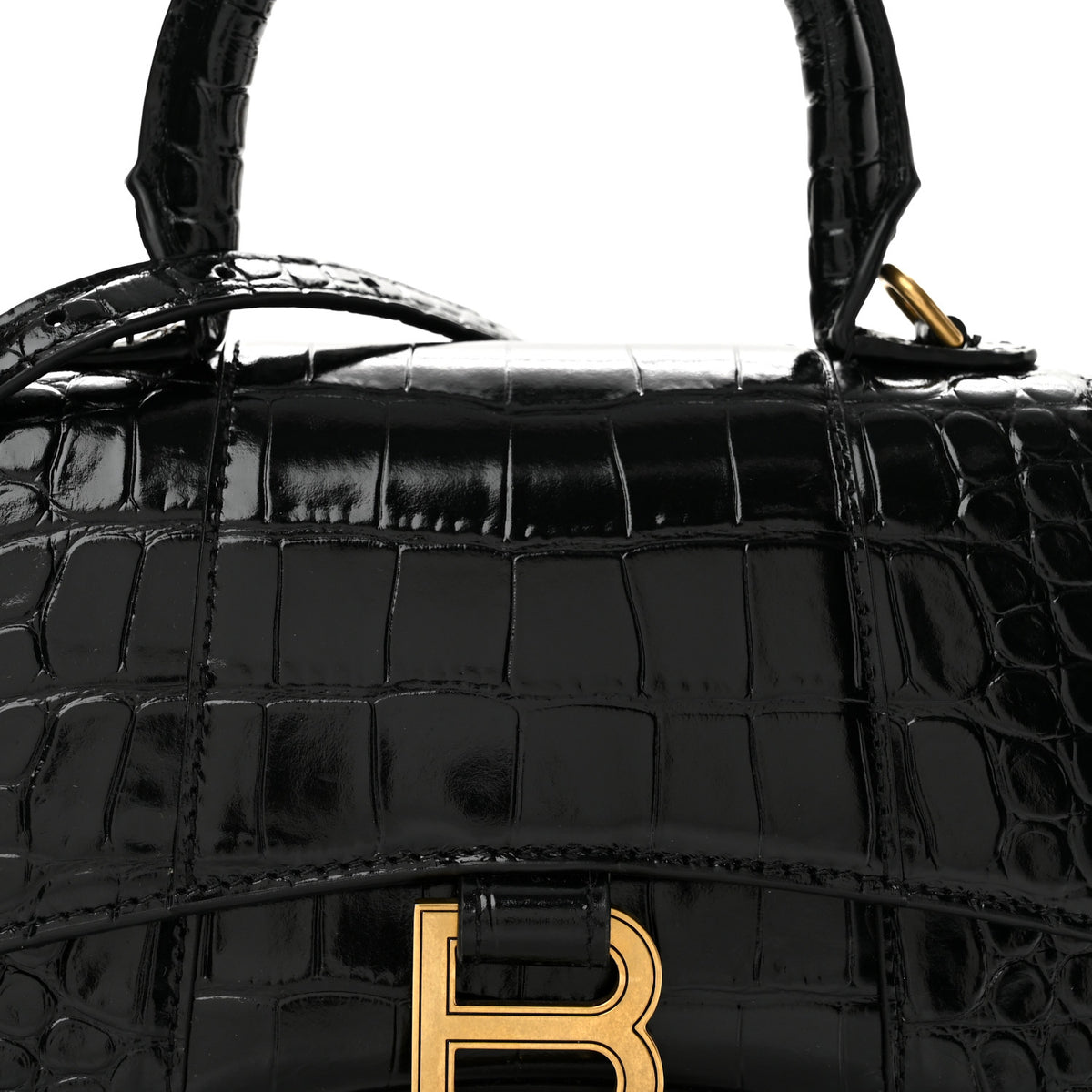 Balenciaga Shiny Calfskin Crocodile Embossed Hourglass Top Handle Bag XS Black 8 of 12