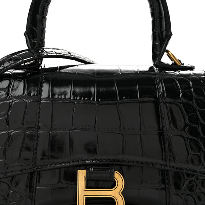 Balenciaga Shiny Calfskin Crocodile Embossed Hourglass Top Handle Bag XS Black 8 of 12