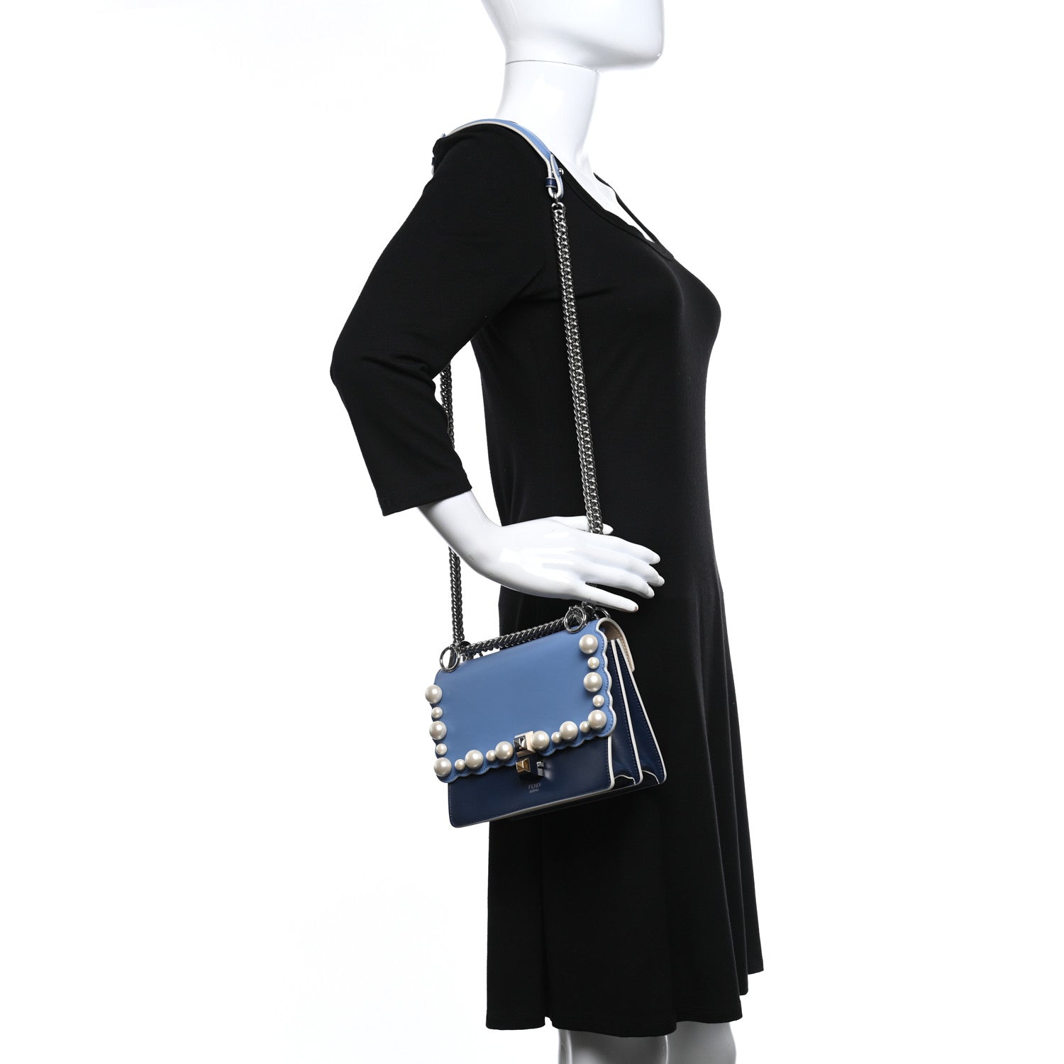 Fendi Vitello Liberty Pearl Scalloped Small Kan I Shoulder Bag Nebula Blu Scuro 2 of 18