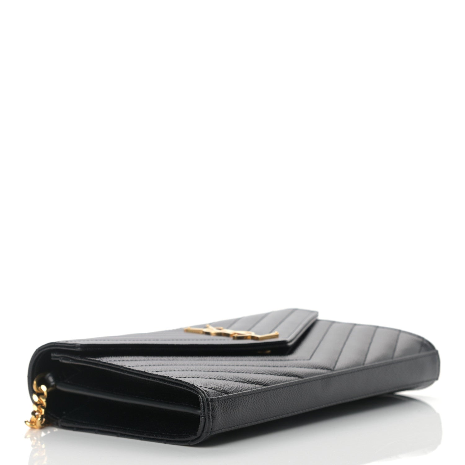 Saint Laurent Grain De Poudre Matelasse Chevron Monogram Chain Wallet Black 4 of 9