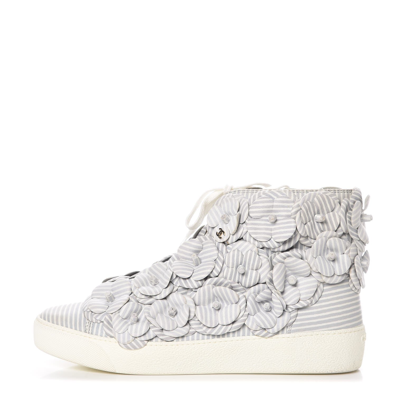 Chanel Lambskin Striped Camellia High Top Sneakers 39 Grey 1 of 7
