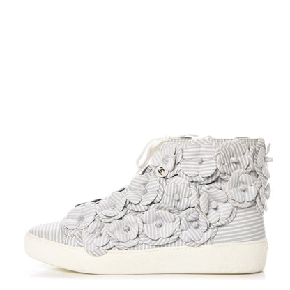 Chanel Lambskin Striped Camellia High Top Sneakers 39 Grey 1 of 7