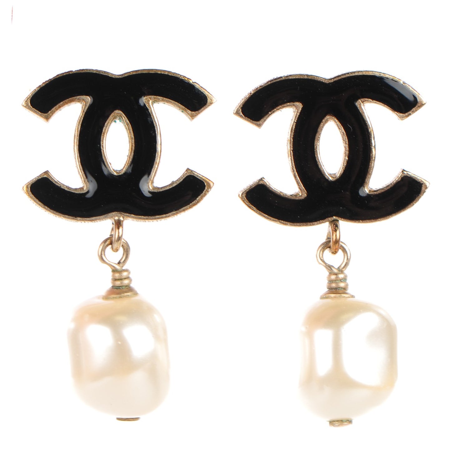 Enamel CC Pearl Drop Earrings Black Gold