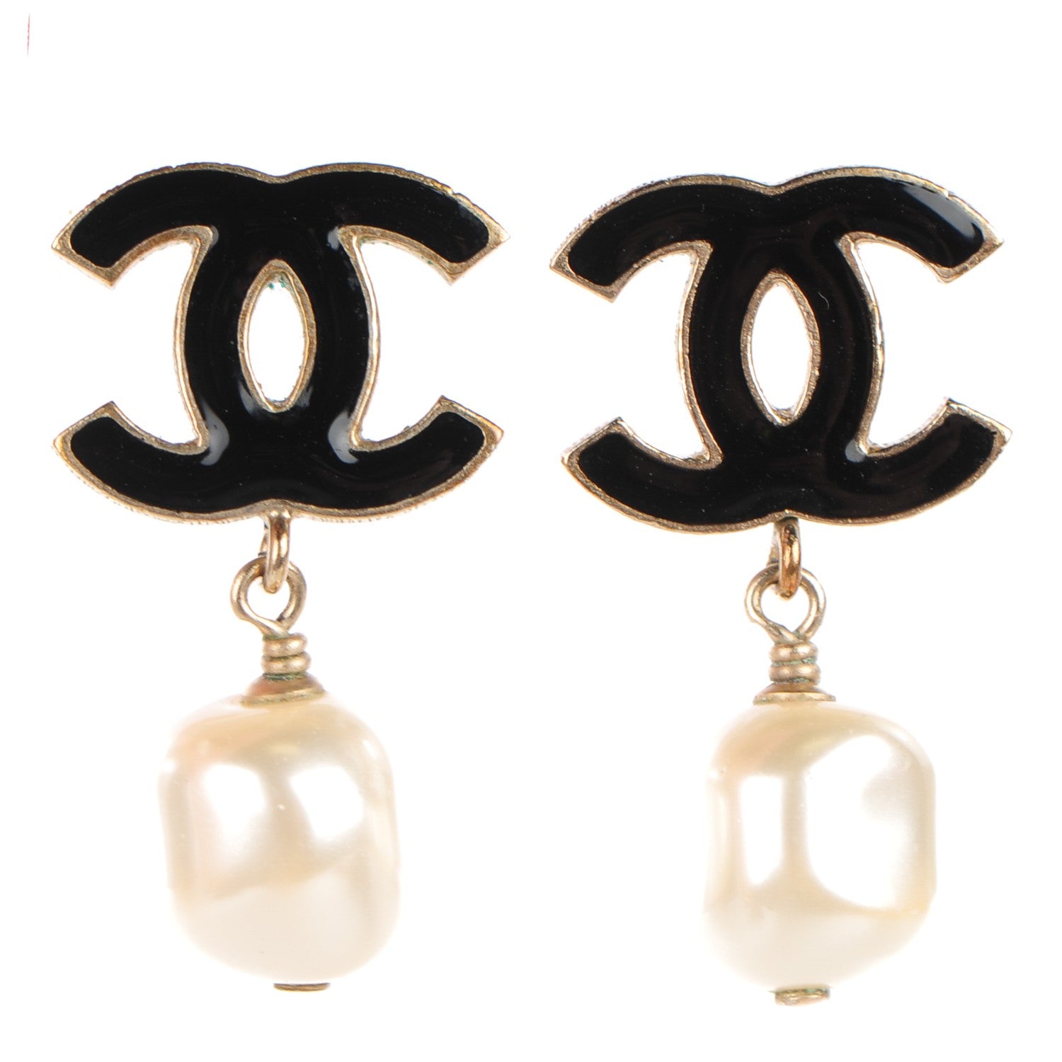 Chanel Enamel CC Pearl Drop Earrings Black Gold 1 of 5