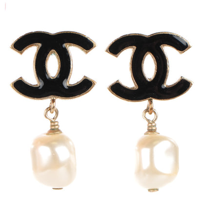 Chanel Enamel CC Pearl Drop Earrings Black Gold 1 of 5