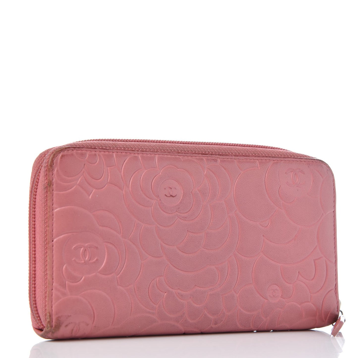 Lambskin Camellia Embossed Zip Around Large Gusset Wallet Pink