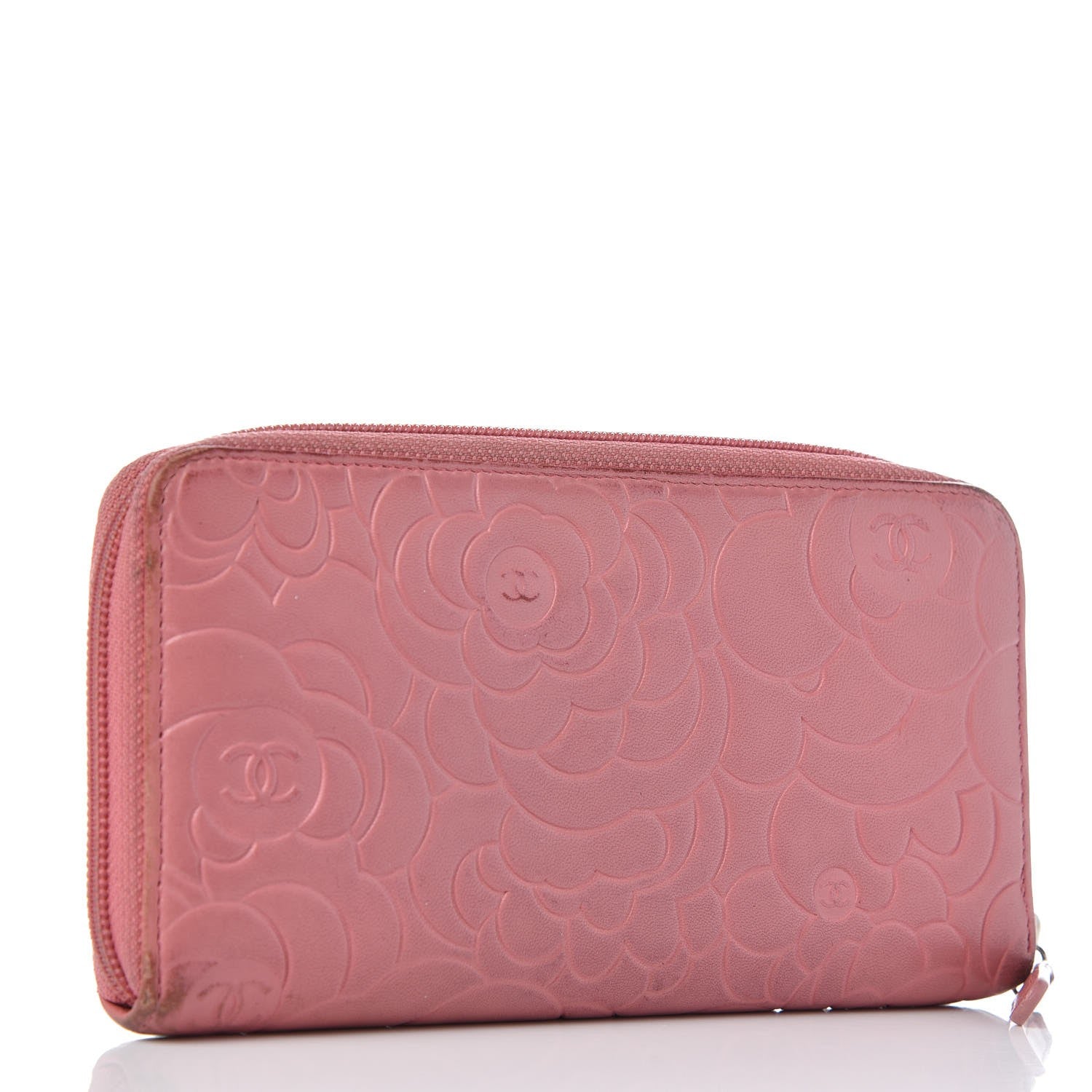 Chanel Lambskin Camellia Embossed Zip Around Large Gusset Wallet Pink 3 of 15