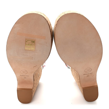 Chanel Tweed Cork CC Wedge Sandals 39 Ecru Pink Blue Green 6 of 8