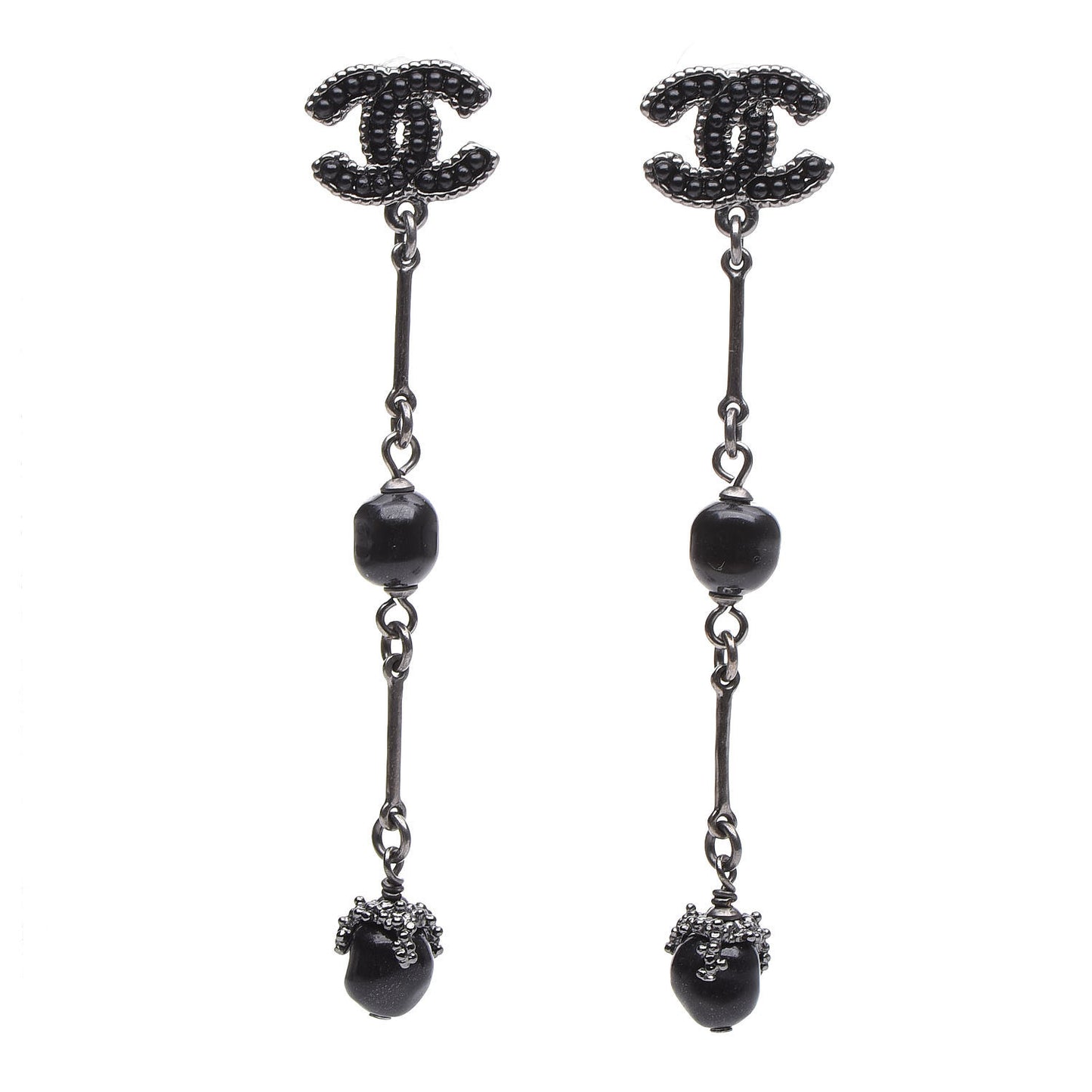 Pearl Beaded CC Long Drop Earrings Silver