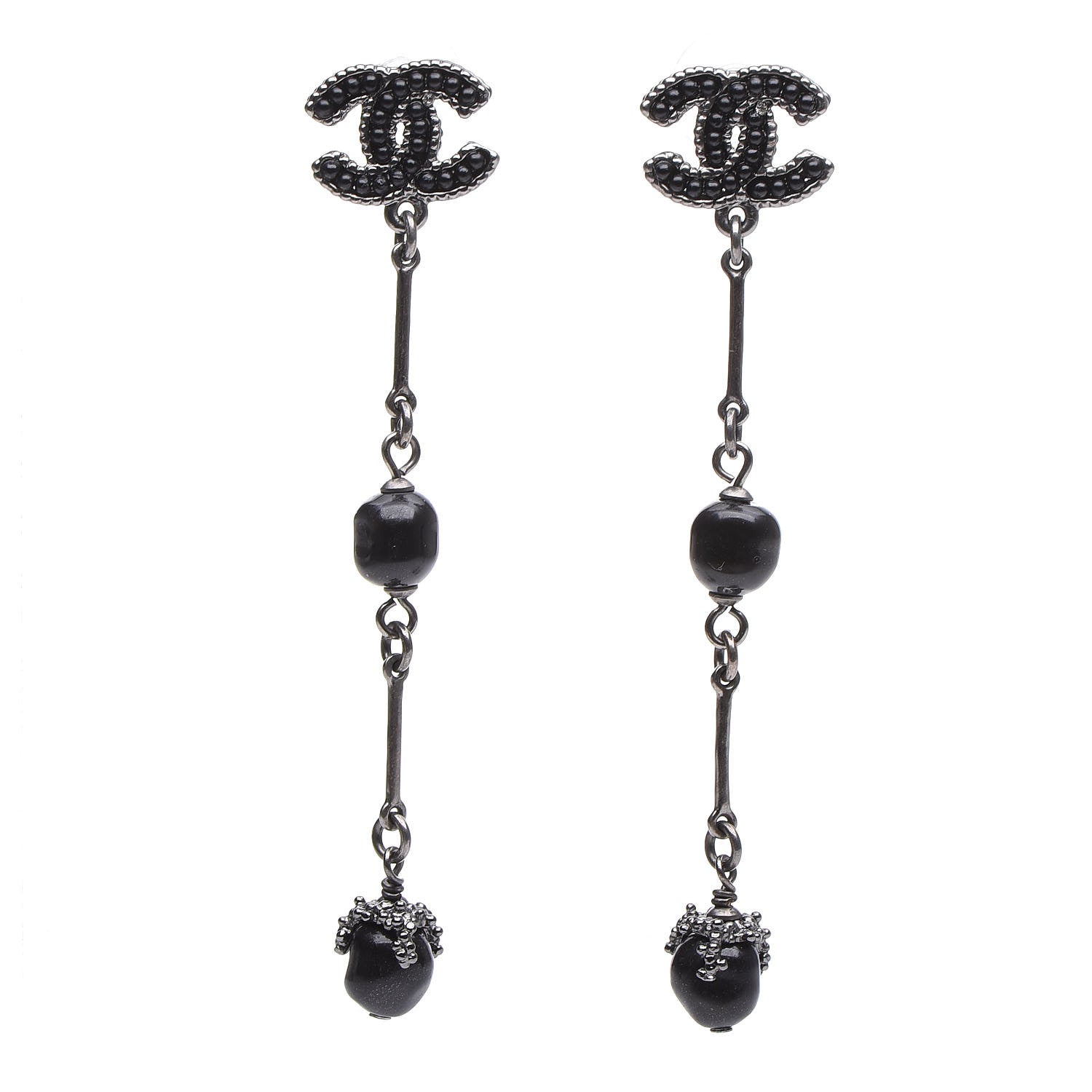 Chanel Pearl Beaded CC Long Drop Earrings Silver 1 of 5
