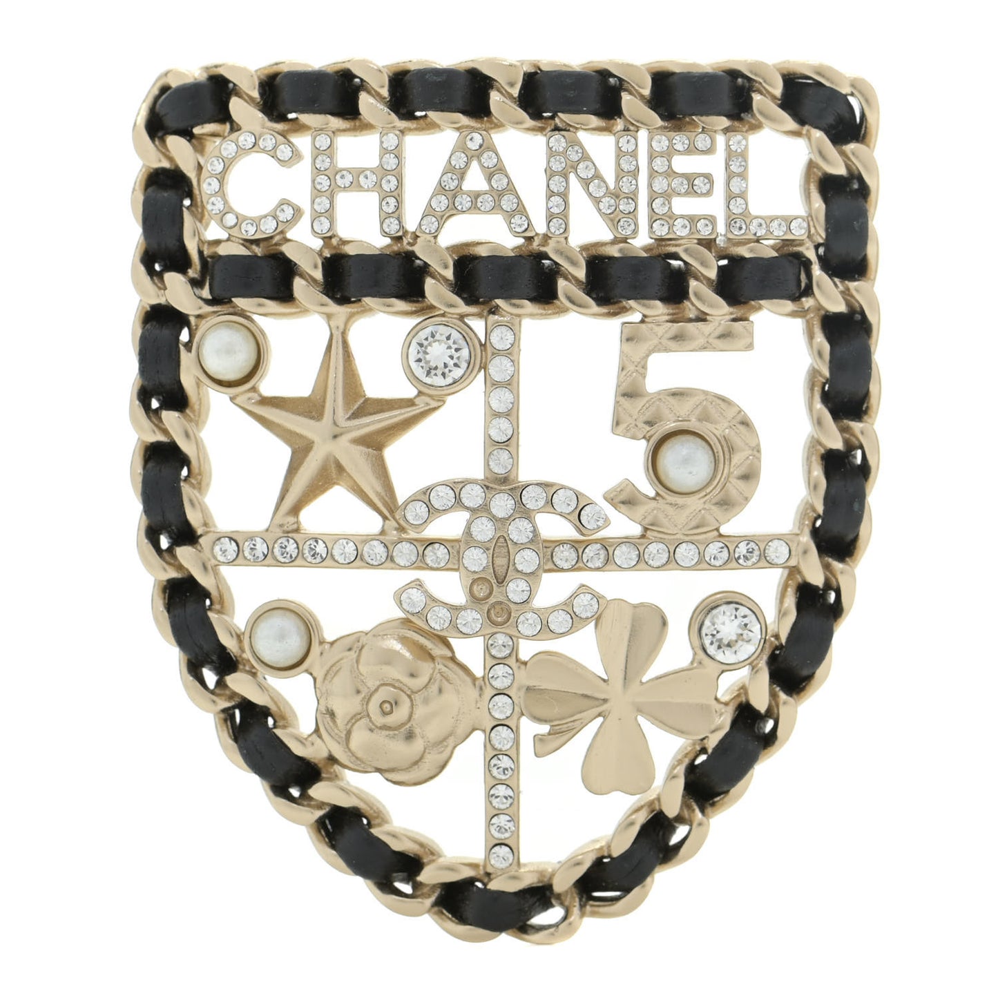 Lambskin Pearl Strass Sergeant Chanel Shield Brooch Gold