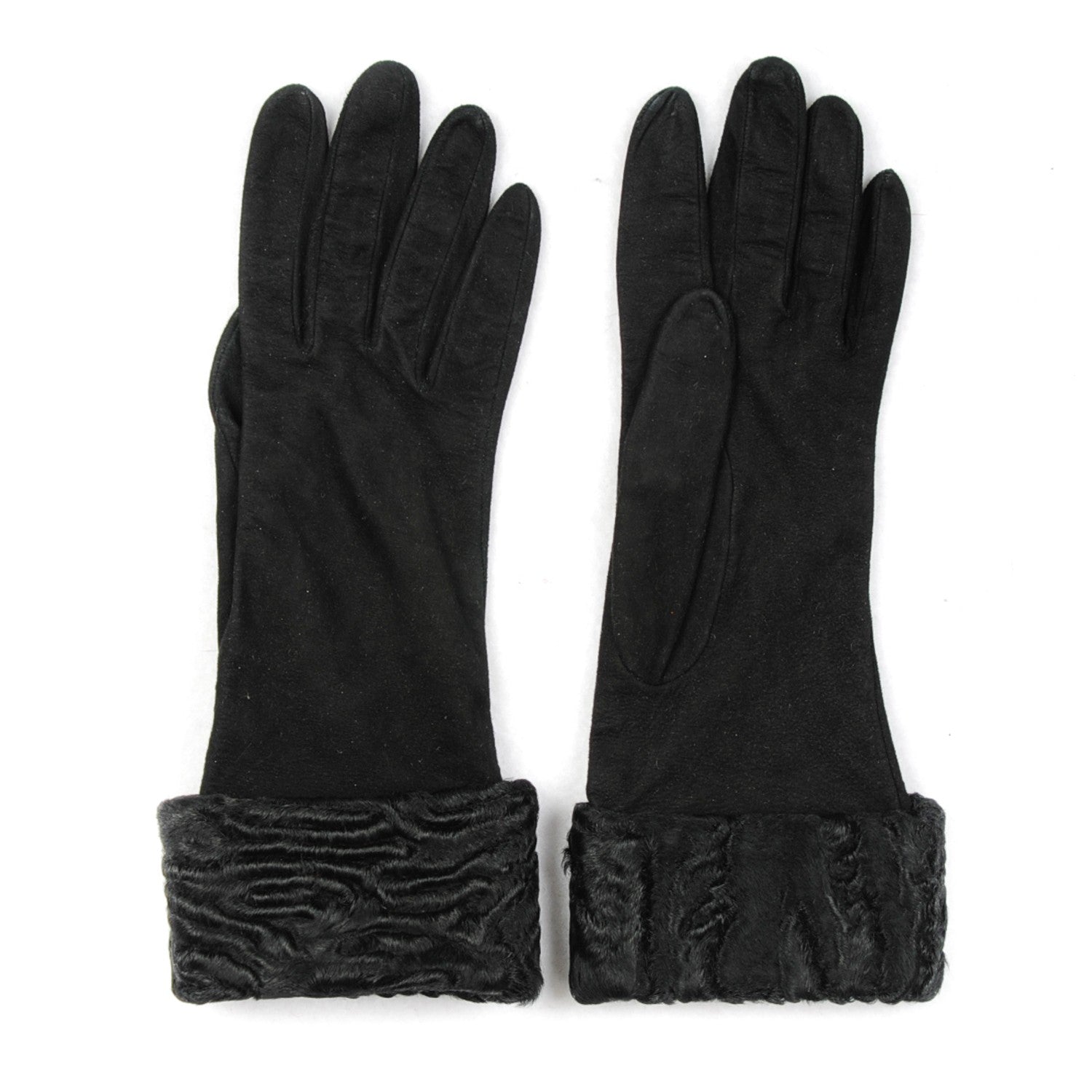 Chanel Astrakhan Fur Suede Gloves 7.5 Black 1 of 3