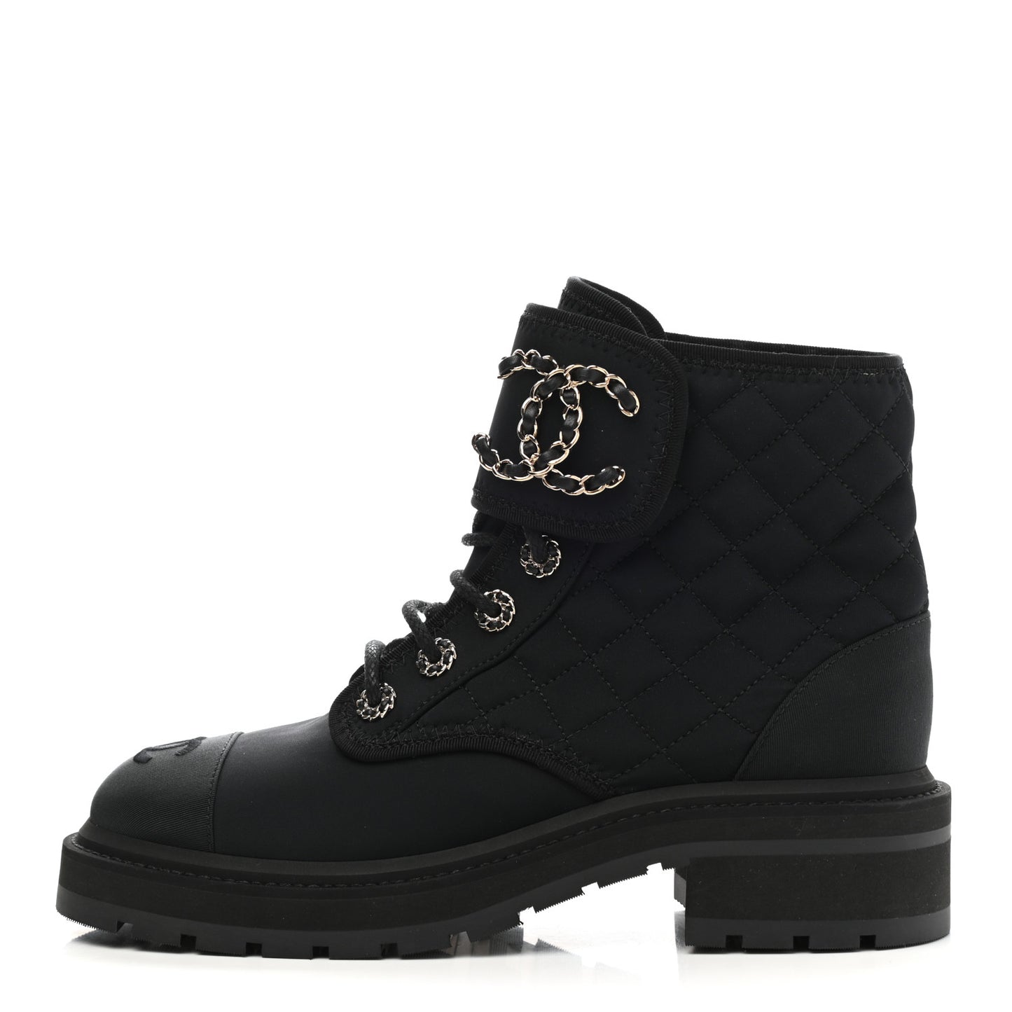 Fabric Grosgrain Quilted Cap Toe Lace Up Combat Boots 38 Black